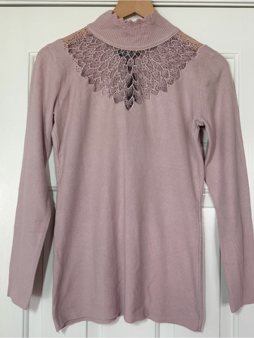Oliver.o Blush Pink Embellished Mock Neck Sweater Medium Lace Detail